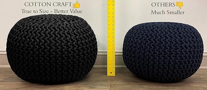 COTTON CRAFT Round Pouf - Hand Knitted Cotton Braid Cord Cable Dori Ottoman - Foot Stool Floor Pouf Footrest Accent Seat Furniture Bean Bag - Living Room Kids Room Nursery Dorm Décor - 20x14 - Orange