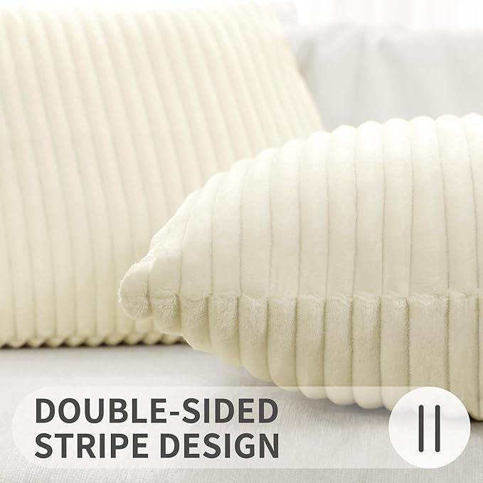 Simmore Decorative Spring Throw Pillow Covers 18x18 Set of 2, Soft Natural Plush Flannel Double-Sided Fluffy Couch Pillow Covers for Sofa Living Room, Beige