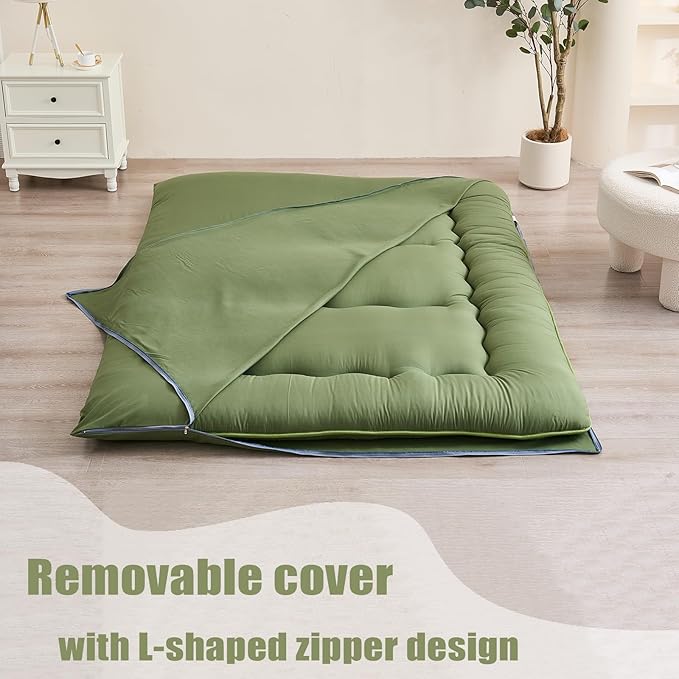Japanese Floor Mattress, Futon Mattress with Portable Storage Bag and Washable Cover, Roll Up Thick Tatami Mat Suitable for Camping, Guest Room, Green, Queen