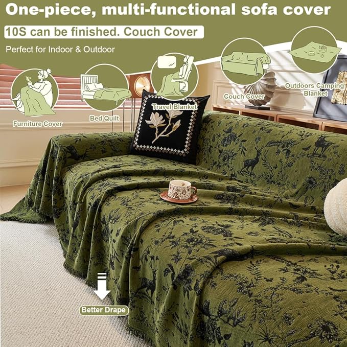 ROOMLIFE Green Sofa Cover, Vintage Boho Couch Cover for 3 Cushion Sofa, Non Slip Soft Chenille Sofa Slipcovers for Dog, Washable Furniture Sofa Protector Cover with Tassel for Living Room, 71''X118”