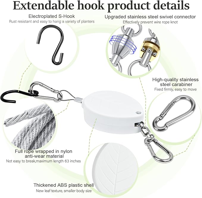 2026New 3Pcs Retractable Plant Hanger with Leaf Texture,44Lbs Load Capacity,Auto Lock,Adjustable Hook for Hanging Plants,Bird Feed,Wind Chimes,Garden Pots,Rust-Proof Stainless Steel,White