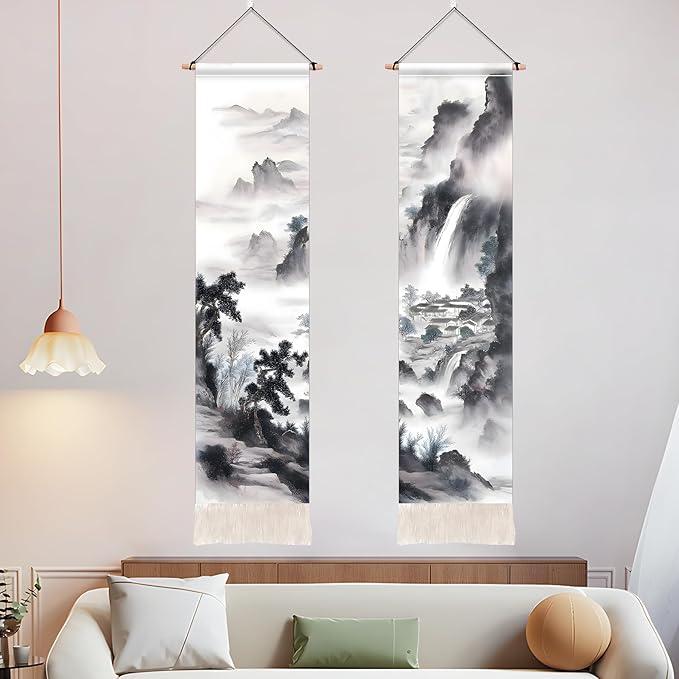 AOHMPT Pack of 2 Long Vertical Tapestry,Nature Landscape Tapestry with Serene Mountain River, Moon & Sun Motifs,Traditional Ink Painting Wall Art,Zen Aesthetic Wall Hanging for Living Room Bedroom Decor 13" W x 51" H"