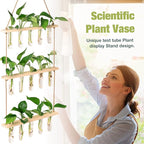 XXXFLOWER Wall Hanging Propagation Station with Wooden Stand 5 Glass Test Tubes 3 Tiers Planters Wall Terrarium for Home Office Plant Hanger Flower Vases Wall Decor Hydroponic Cuttings