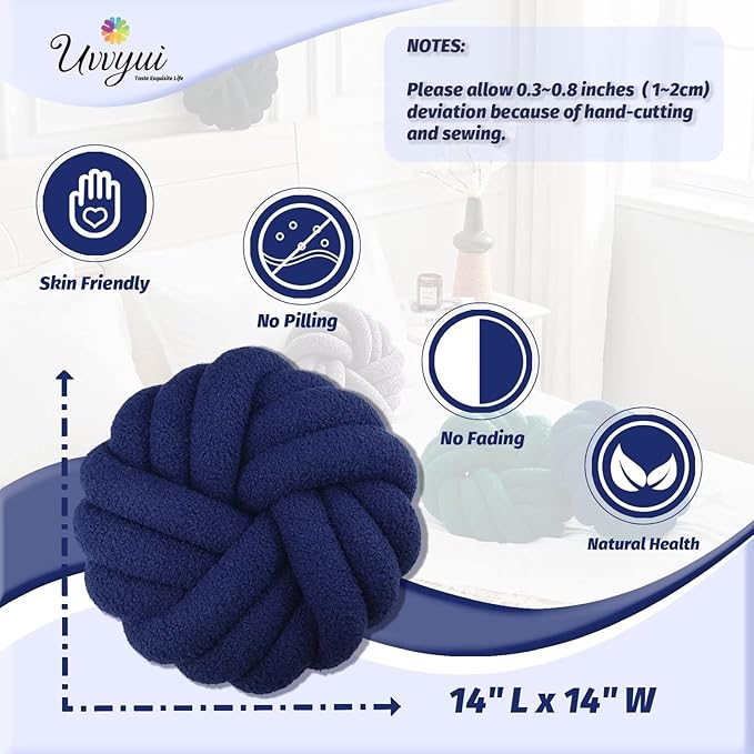 Uvvyui Knot Pillows, 14 Inch Decorative Throw Pillows Round Pillows Cushion, Soft Handmade Knotted Ball Pillow Plush Cushion Home Decor for Bed Couch Living Room (Navy, 14 Inch)