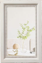 Boho White Mirrors for Wall Decor 24 x 16 Inches, Hanging Distressed Finish Wooden Frame Rectangular Rustic Mirror with Beaded Detailing for Bathroom Living Room Bedroom Entryway