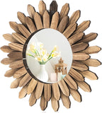 Wall Mirror Decorative, 12 inch Small Rustic Wood Boho Mirrors, Clear Sunburst Mirrors for Home Farmhouse Bedroom Entryway Decor House Warming Gifts New Home, No Distortion