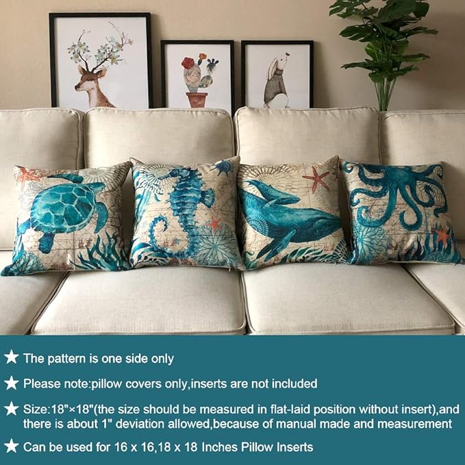Mediterranean Style Throw Pillow Case Sea Theme Decorative Pillowcases Surtle Octopus Seahorse Whale Coastal Cushion Cover for18 X 18 Inch, 4Pack Nautical Pillow Covers for Summer Beach House Decor