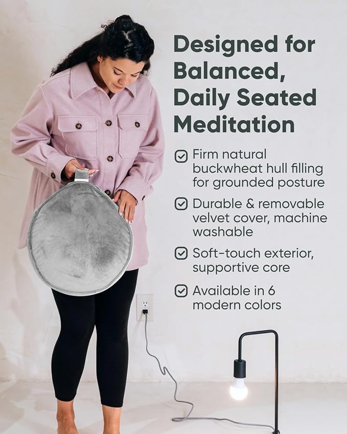 Mindful Modern Velvet Meditation Cushion | Luxe Zafu Yoga Floor Pillow Seat | Posture Support | Buckwheat Hull Filled | Large Round Cushion with Removable Washable Cover + Carry Handle