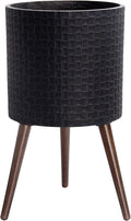 D'vine Dev 14 Inch Modern Geometric Tile Patterned Sleek Planter Pot with Stand, Indoor Outdoor Decorative Plant Holder, Distressed Black, 88-Z-D-5