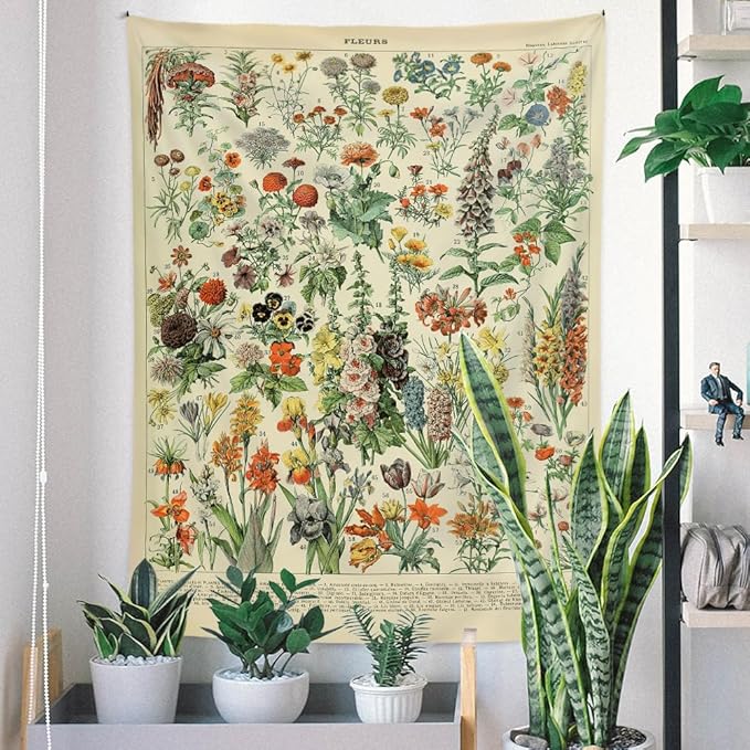 Vintage Flowers Tapestry 48”x36”, Long Vertical Wall Hanging Reference Illustrative Botanical Tapestries for Bedroom Aesthetic Floral Tapistry Botanical Plants Tapestry Wall Hanging Cute Bedroom Decor