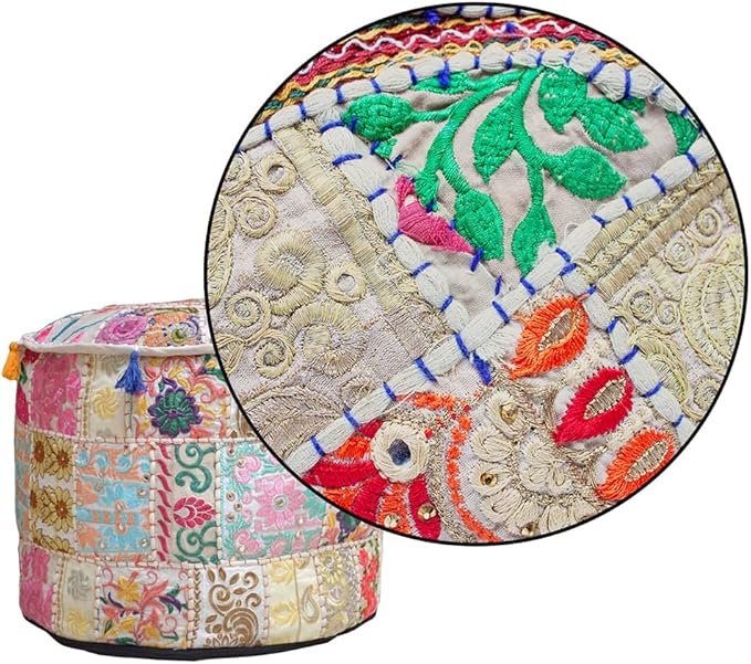 Aakriti Gallery Indian Pouf Footstool Ethnic Embroidered Pouf Cover - Cotton Round Pouffe Ottoman - Beige, 22x14