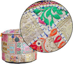 Aakriti Gallery Indian Pouf Footstool Ethnic Embroidered Pouf Cover, Indian Cotton Round Pouffe Ottoman Pouf Cover Pillow Ethnic Decor Art - Cover Only (Beige, 18x13)