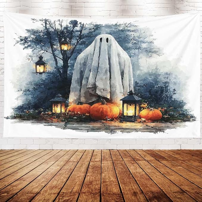 EMMTEEY Horror Tapestry Happy Halloween Ghost Pumpkins Ceiling Tapestry 60X50 Horizontal Wall Art for Bedroom Living Room Fall Backdrop