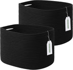 Cotton Rope Storage Basket, 15x10x9 Inches, Woven Basket for Shelves, Clothes, Towels, Books, and Laundry, Black (2 Pack)