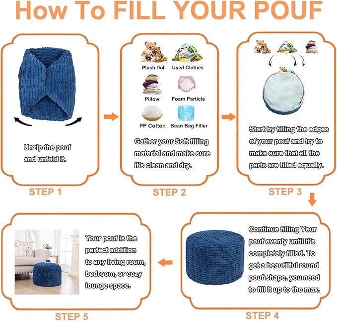 Handmade Unstuffed Ottoman Pouf Cover – Versatile Storage Footstool & Floor Pouf for Living Room, Bedroom, or Wedding Decor | 20" Diameter x 14" Height | Filler Not Included (Navy Blue)