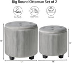 Big Round Ottoman with Storage Set of 2,Upholstered Velvet Vanity Stool for MakeupMultifunctional Foot Rest Coffee Table Padded Seat Tufted Ottomans for LivingRoom&Bedroom (Large Grey)
