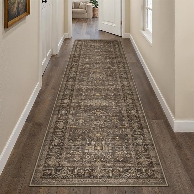 2x8 Washable Runner Rug for Hallway Kitchen Vintage Brown Non Slip Low Pile Carpet Traditional Retro Soft Throw Rug for Bathroom Bedroom Entryway Indoor Entrance