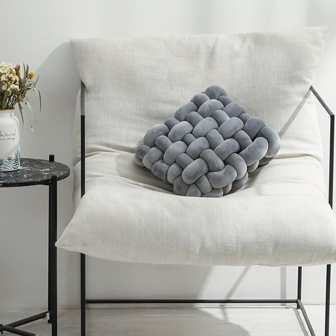 Knot Pillow Meditation Cushion Large Floor Cushions for Sitting Funky Throw Pillows Chair Pillows Soft Pads Square Knotted Seat Cushions for Home Decoration Living Room Bedroom Sofa Couch Grey