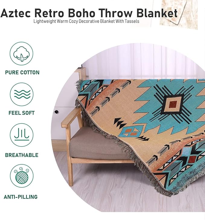 Hopstar Aztec Throw Blanket Navajo Indian Blankets and Throws Boho Western Decor Couch Cover Blanket for Bed Sofa Living Room Beach Travel 51"x63"
