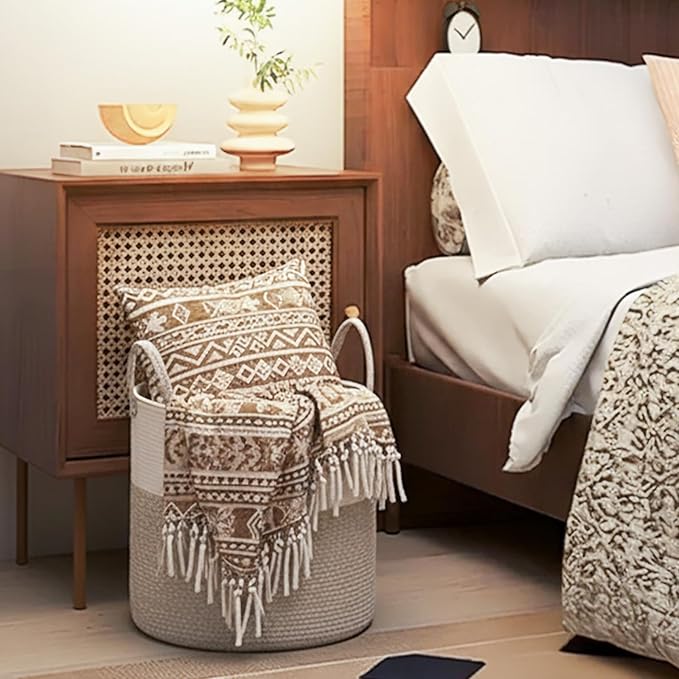 ShellKingdom Laundry Basket, Large Natural Rope Woven Storage Basket with Handles for Home, Living Room, Laundry, Storage Organizer for Blankets, Clothes, Toys, 19.7 x 14.96 INCH (2-Toned White Khaki)