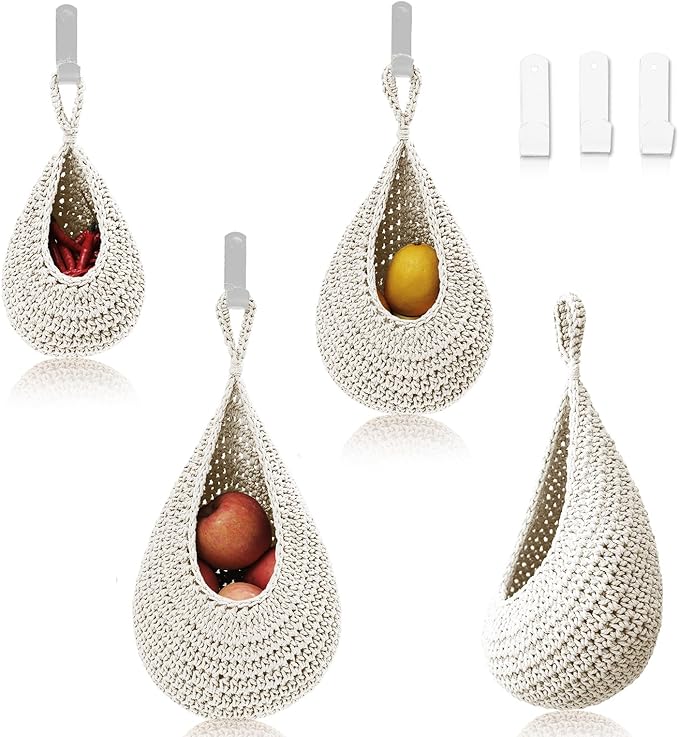 Hanging Fruit Basket Set of 3, Boho Wall Hanging Storage Basket for Organizing, Handmade Teardrop Hammock Holder for Fruit Vegetable in Home & Restaurant Kitchen with Hooks, White Cotton