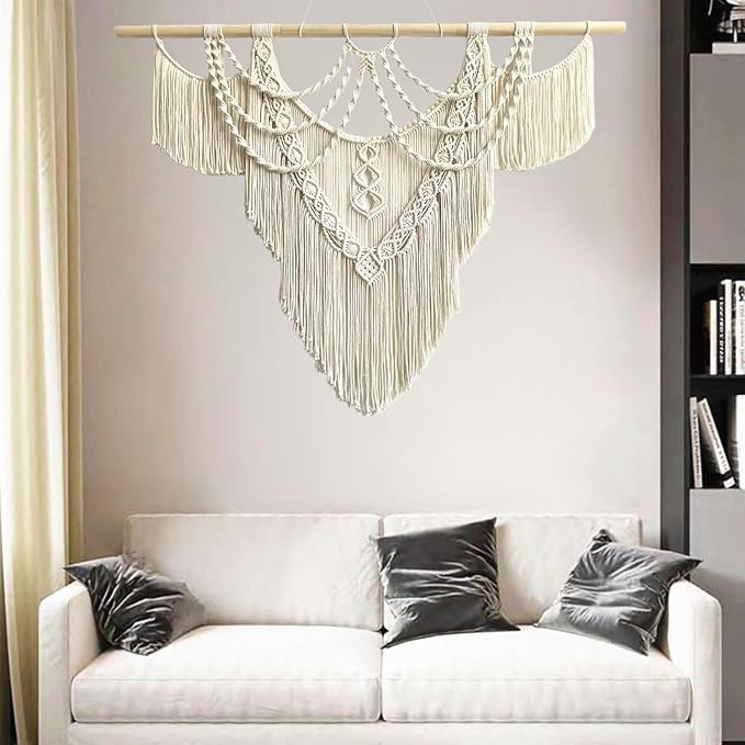 Large Macrame Wall Hanging - Boho Tapestry Macrame Wall Decor Art- Chic Bohemian Handmade Woven Tapestry Home Decoration for Bedroom Living Room Apartment Dorm Gallery - 43"x32" (Tassel-A)