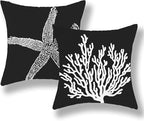 Coastal Pillow Covers 16x16 Set of 2 Black Starfish Throw Pillows Nautical Ocean Decorations Summer Beach Coral Pillowcase Outdoor Decor Linen Farmhouse Square Cushion Case for Sofa Bedroom