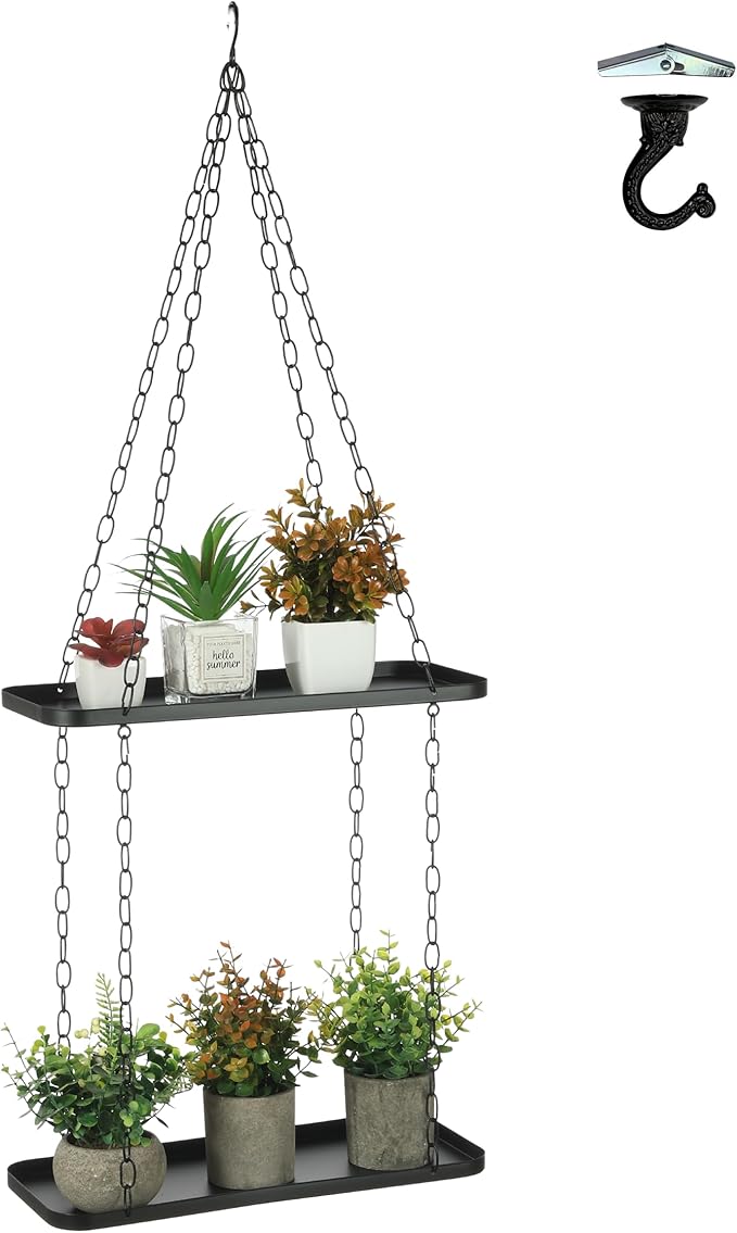 Shinehola Hanging Planters for Indoor Outdoor Plants (Length - 15.5"), Plant Hanger Indoor | Large Metal Hanging Plant Holder, 2-Tier Hanging Planter Shelf, No Plant/Pot Included (Black, 2-Tier)