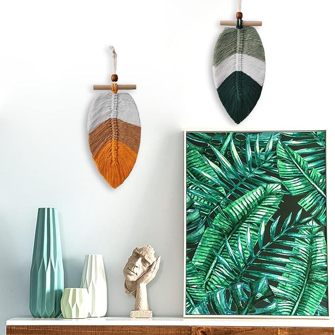 Boho Macrame Leaves Hanging Wall Decor (2set), Bohemian Woven Leaf Tapestry, Bohemian Tassels Decorations for Spring Nursery Bedroom Living Room