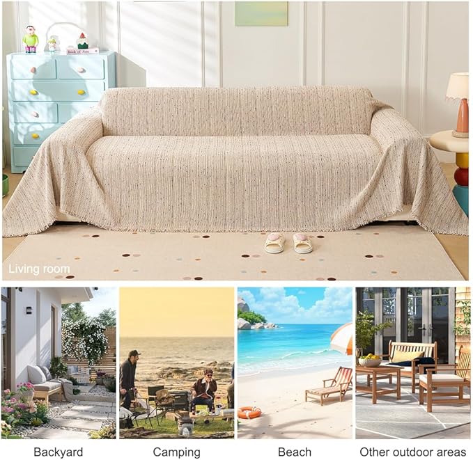 ROOMLIFE Boho Rainbow Coffee Couch Covers for 3 Cushion Sofa, Chenille Sofa Slipcovers Cover for Dog, Washable Furniture Sofa Protector Cover Soft Blanket with Tassel for Living Room, 71''X134''