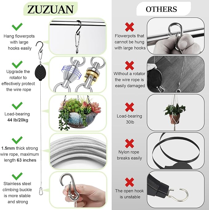 2026New 2Pcs Retractable Plant Hanger with Leaf Texture,44Lbs Load Capacity,Auto Lock,Adjustable Hook for Hanging Plants,Bird Feed,Wind Chimes,Garden Pots,Rust-Proof Stainless Steel,Black
