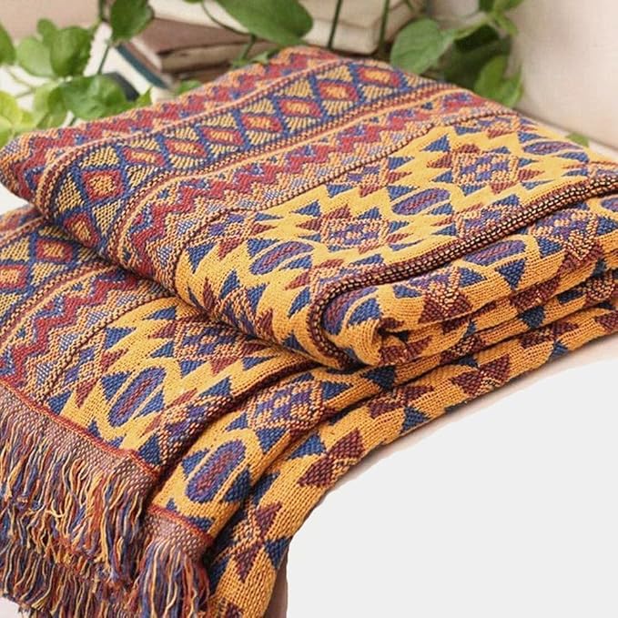 Boho Throw Blanket Couch Chair Cover, 100% Cotton Southwestern Aztec Home Decor Throw - Reversible All Season Blanket for Bed Sofa Tapestry Outdoor Travel Camping. 91″×134″