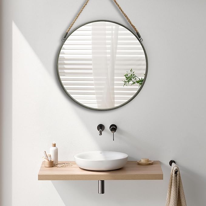 POZINO Round Hanging Mirror, Circle Wall Mirror with Rope, 20 Inch Farmhouse Mirrors for Bathroom Bedroom Living Room Entryway Home Decor, Grey