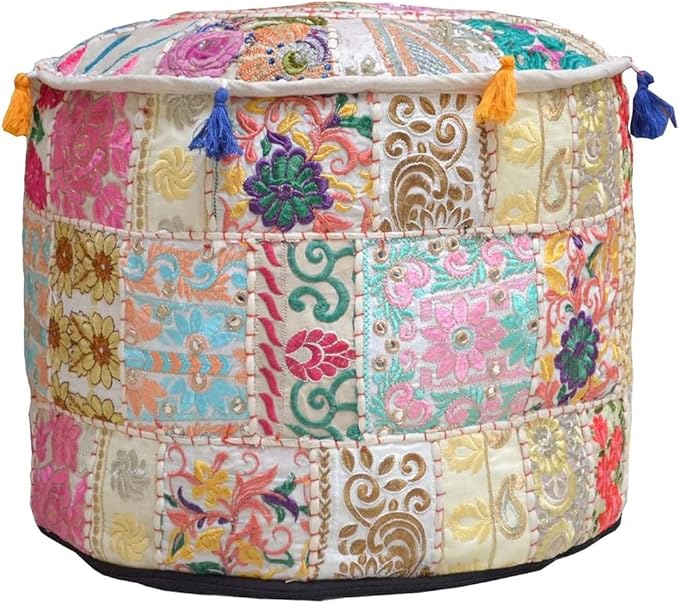 Aakriti Gallery Indian Pouf Footstool Ethnic Embroidered Pouf Cover, Indian Cotton Round Pouffe Ottoman Pouf Cover Pillow Ethnic Decor Art - Cover Only (Beige, 18x13)