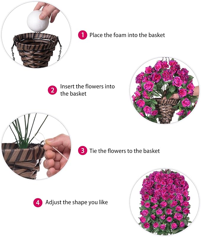 Artificial Geraniums Flowers Fake Hanging Baskets for Spring Outdoor Decor, Faux Hanging Plants Outdoors in Planter Silk Vines UV Resistant Look Real for Outside Garden Balcony Patio Porch, Fuchsia