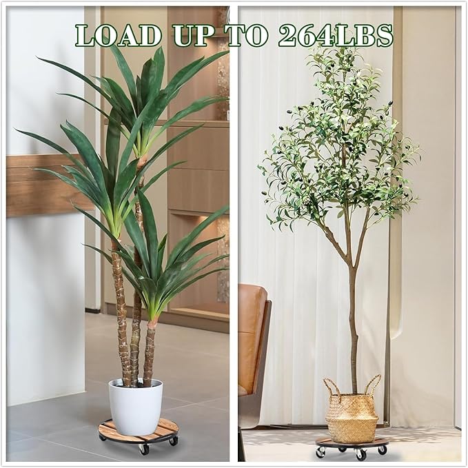 2 Pack Plant Stand with Wheels, 14" Rolling Plant Caddy 264 LB Heavy Duty, Iron and Wood Round Plant Dolly with Metal 360° Lockable Caster Wheels for Outdoor Indoor Large Plant Pots, Flower Pot, Patio