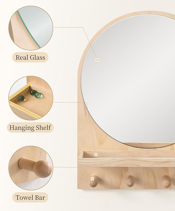 Nursery Mirror, Boho Circle Mirror Wall Mount Natural Wood Shelf Hanging Arch Modern Wall Decor for Nursery Living Room Entryway Hallway Bathroom, 14x18 Inch