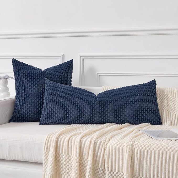 Kevin Textile 20x54 Inch Long Body Lumbar 1 Pack Boho Decorative Throw Pillow Cover Soft Striped Corduroy Rectangle Cushion Case Farmhouse Accent for Living Room Couch Sofa Bed, Navy Blue