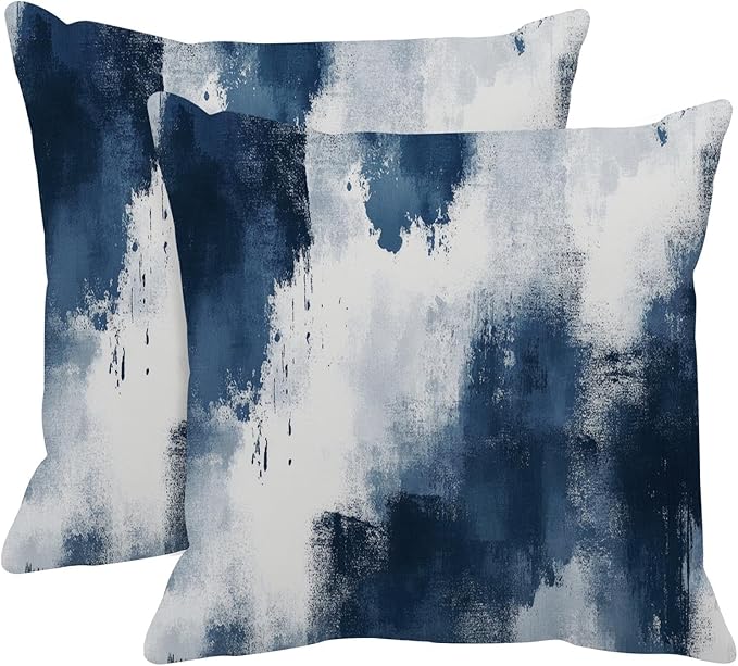 Britimes Throw Pillow Covers Modern Home Art Decor, 18 x 18 Inches Set of 2 Abstract Oil Painting Pillowcases for Bedroom, Living Room, Cushion Couch Sofa, Abstract White Navy Blue