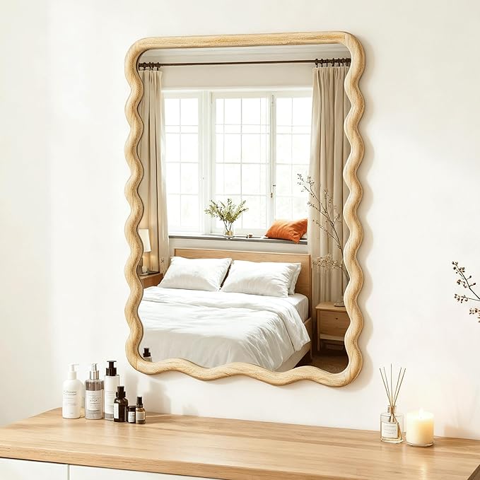 Wavy Mirror for Wall, 30"x20" Boho Bathroom Floor Vanity Mirror with Wooden Frame, for Bedroom, Living Room, Entryway, Farmhouse