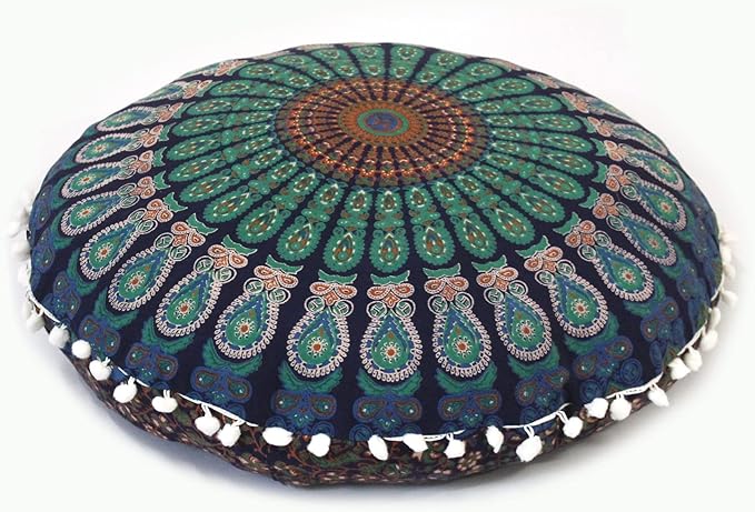 CRAFT KALA 22" Mandala Meditation Floor Pillows Cover Pouf Round Cover Seating Bohemian Mandala Cotton Floor Cushion Cover Outdoor Fireplace Seating Living Room Yoga Room Home Décor Blue Mirchi