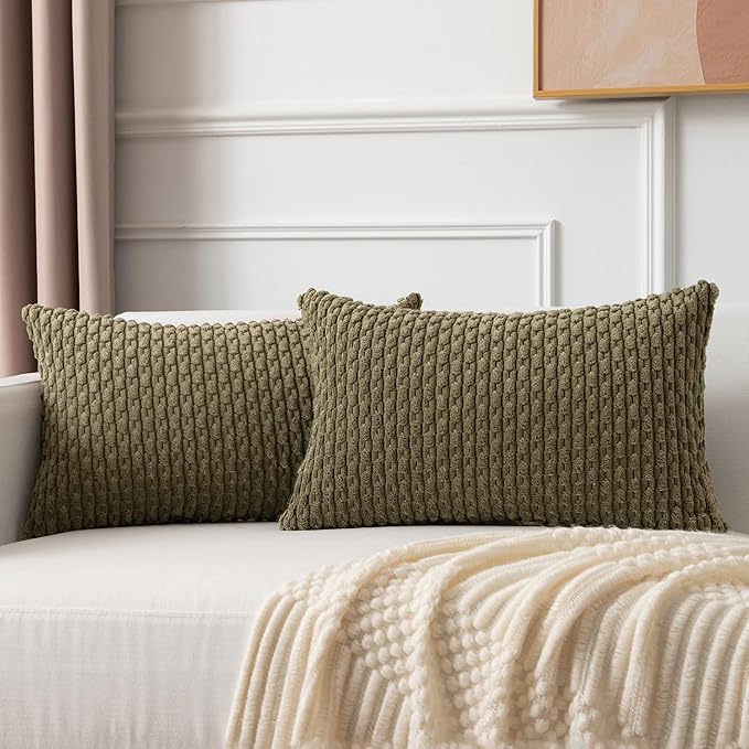Kevin Textile 12x24 Inch Pillow Cover 1 Pack Boho Decorative Soft Striped Corduroy Lumbar Farmhouse Color Accent Rectangle Cushion Case for Living Room Couch Sofa Bed, Olive Green