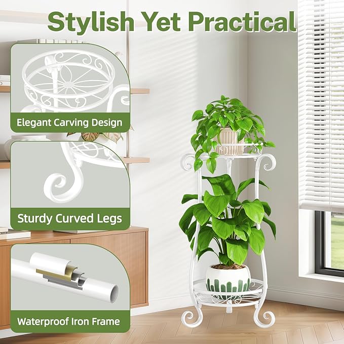 iDavosic.ly 2 Tier Metal Plant Stand Indoor Outdoor, Iron Corner Tall Flower Pot Holder Shelf, 27 Inch Vertical Heavy Duty Display Rack for Patio Porch Living Room Garden, White