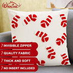 Whaline 2 Pcs Christmas Tufted Throw Pillow Covers Xmas Red White Candy Santa Hat Pillowcase Winter Pillowslip Cushion Cover for Sofa Couch Bed Home Party Decor, 18 x 18 Inch