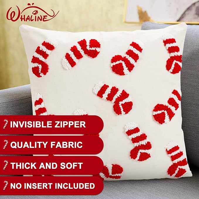 Whaline 2 Pcs Christmas Tufted Throw Pillow Covers Xmas Red White Candy Santa Hat Pillowcase Winter Pillowslip Cushion Cover for Sofa Couch Bed Home Party Decor, 18 x 18 Inch