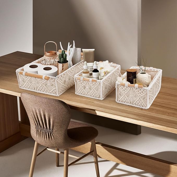 ANMINY 3PCS Macrame Storage Baskets for Organizing Boho Decor Baskets Storage Bins with Wood Handles Handmade Decorative Storage Boxes with Removable Liner Toilet Tank Bathroom Self Basket Organizer