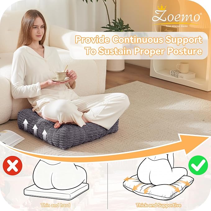Floor Pillow Cushion for Adults, Meditation Cushion Pillow, Large Square Floor Sitting, for Tatami Living Room or Yoga, 22x22 Inch