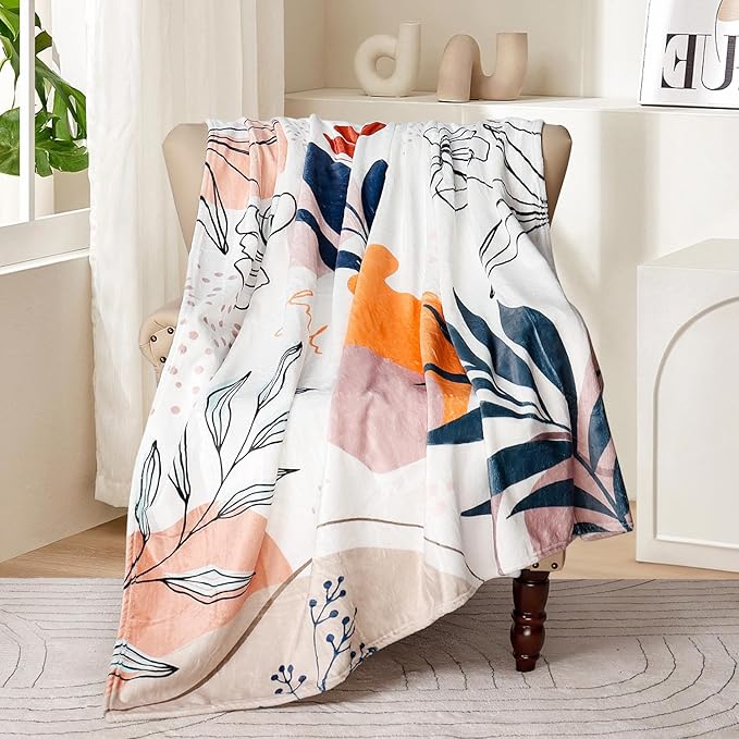 Boho Throw Blanket Minimalist Mid Century Blanket Modern Abstract Art Blankets Floral Plant Print Bed Blanket Super Soft Fleece Flannel Throw Blanket for Couch 50"x60"