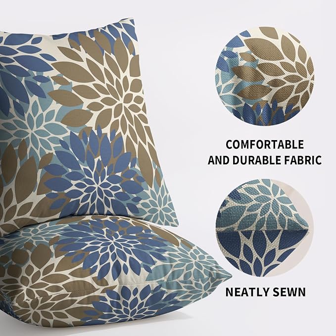 Brown Blue Pillow Covers 18X18 Inch Set of 2, Spring Summer Floral Dahlia Flower Cream Decorative Throw Pillow Covers Outdoor Modern Farmhouse Cushion Case for Home Couch Sofa Bed Decor