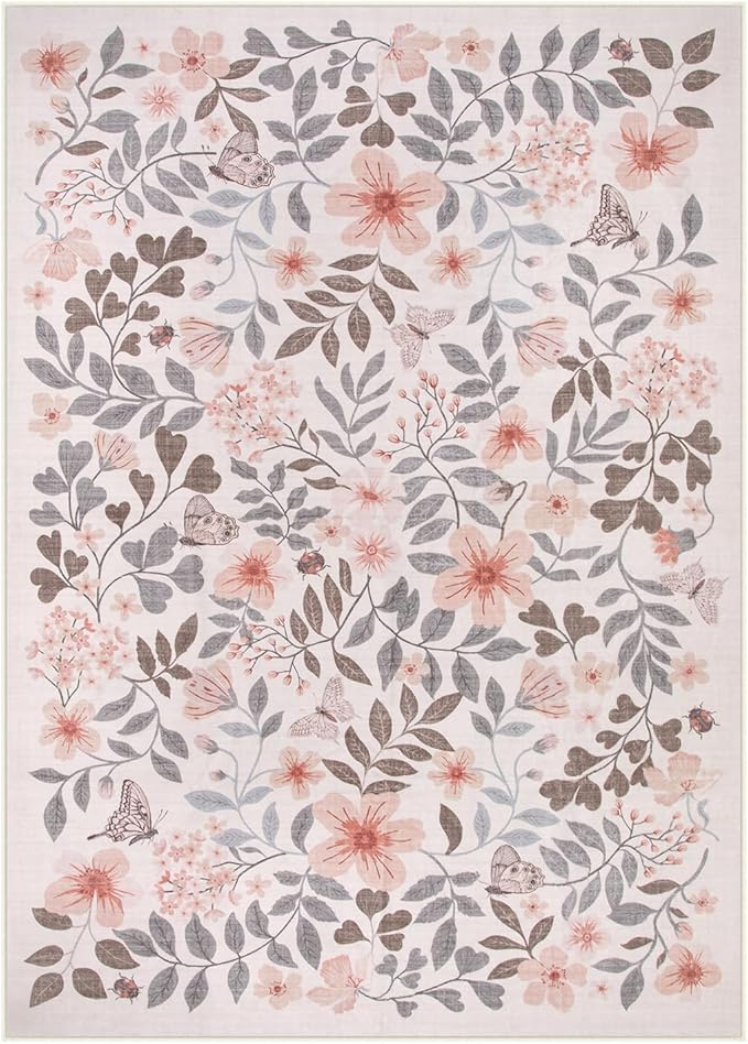 Lahome Reverie Apricot Girls Nursery Decor Rug 5x7, Fall Floral Boho Bedroom Carpet, Washable Soft Low Pile Area Rugs for Kids Room, Dorm Room Essentials, Reading Nook
